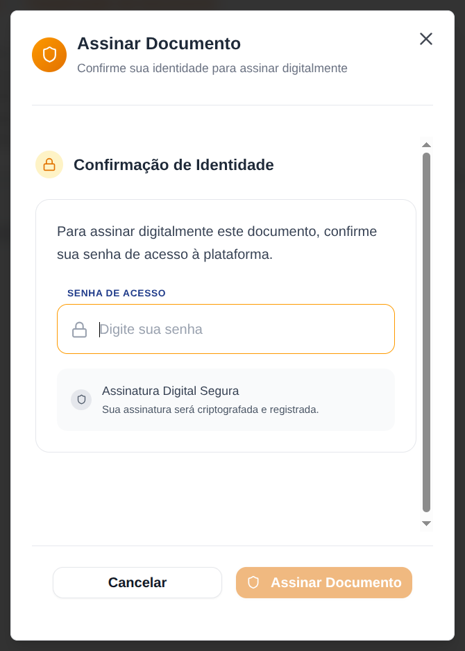 Janela Assinar Documento — confirmação de identidade