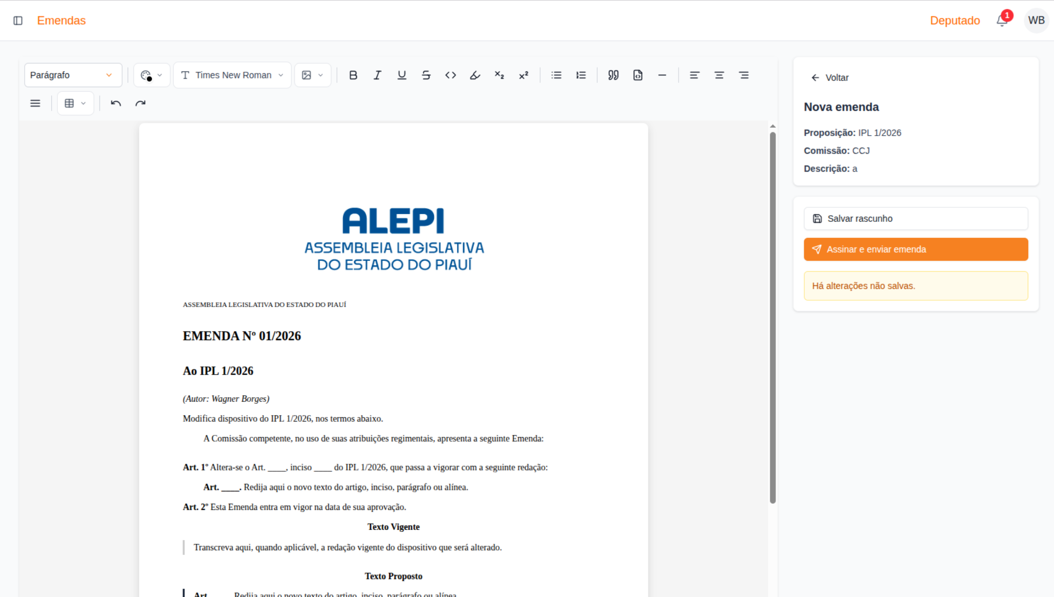 Tela Nova emenda — editor, Salvar rascunho e Assinar e enviar emenda