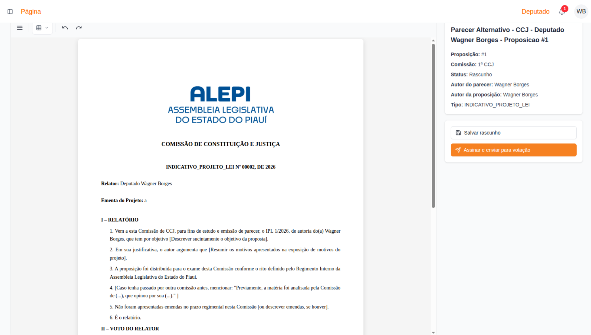 Tela Parecer Alternativo — editor, Salvar rascunho e Assinar e enviar para votação
