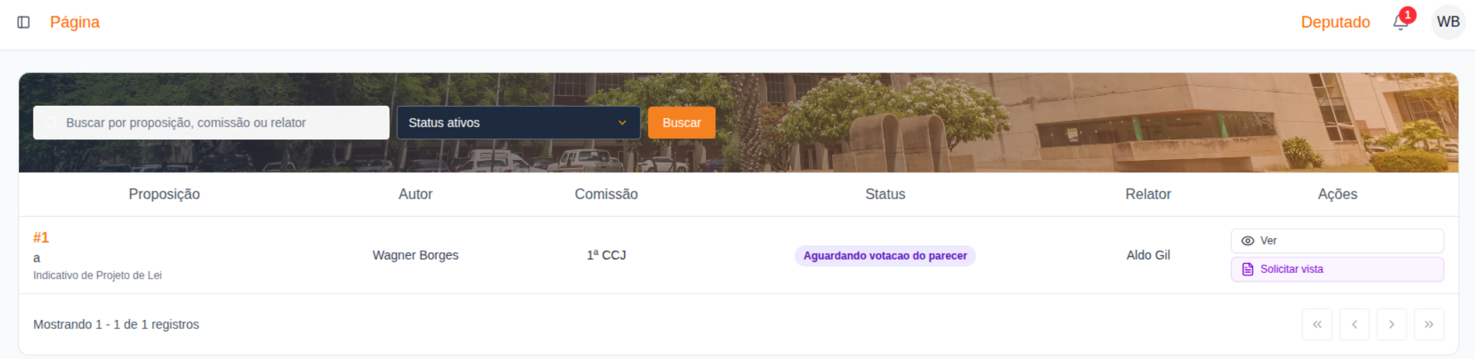 Lista de Comissões — botão Solicitar vista na coluna Ações