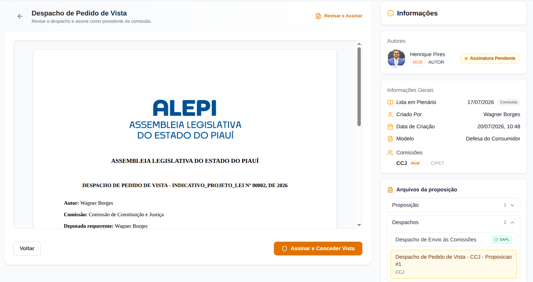 Tela Despacho de Pedido de Vista — revisão e botão Assinar e Conceder Vista