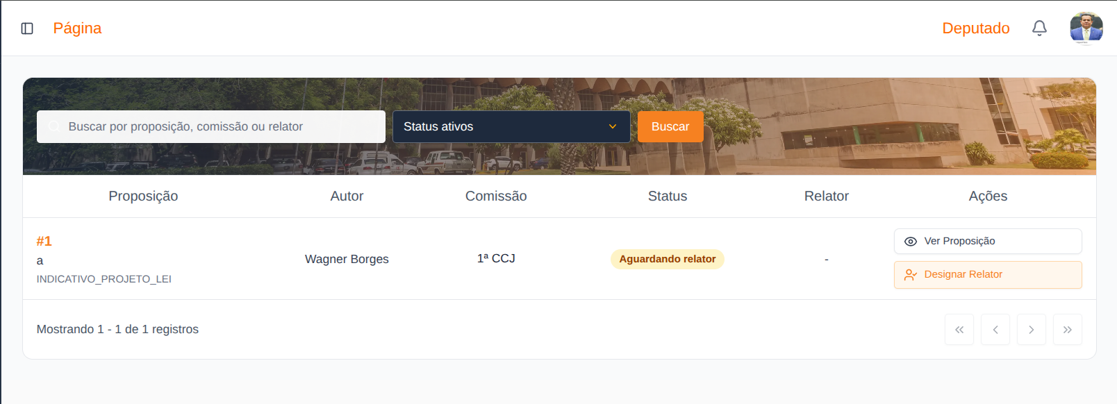 Lista de Comissões — status Aguardando Relator e botão Designar Relator