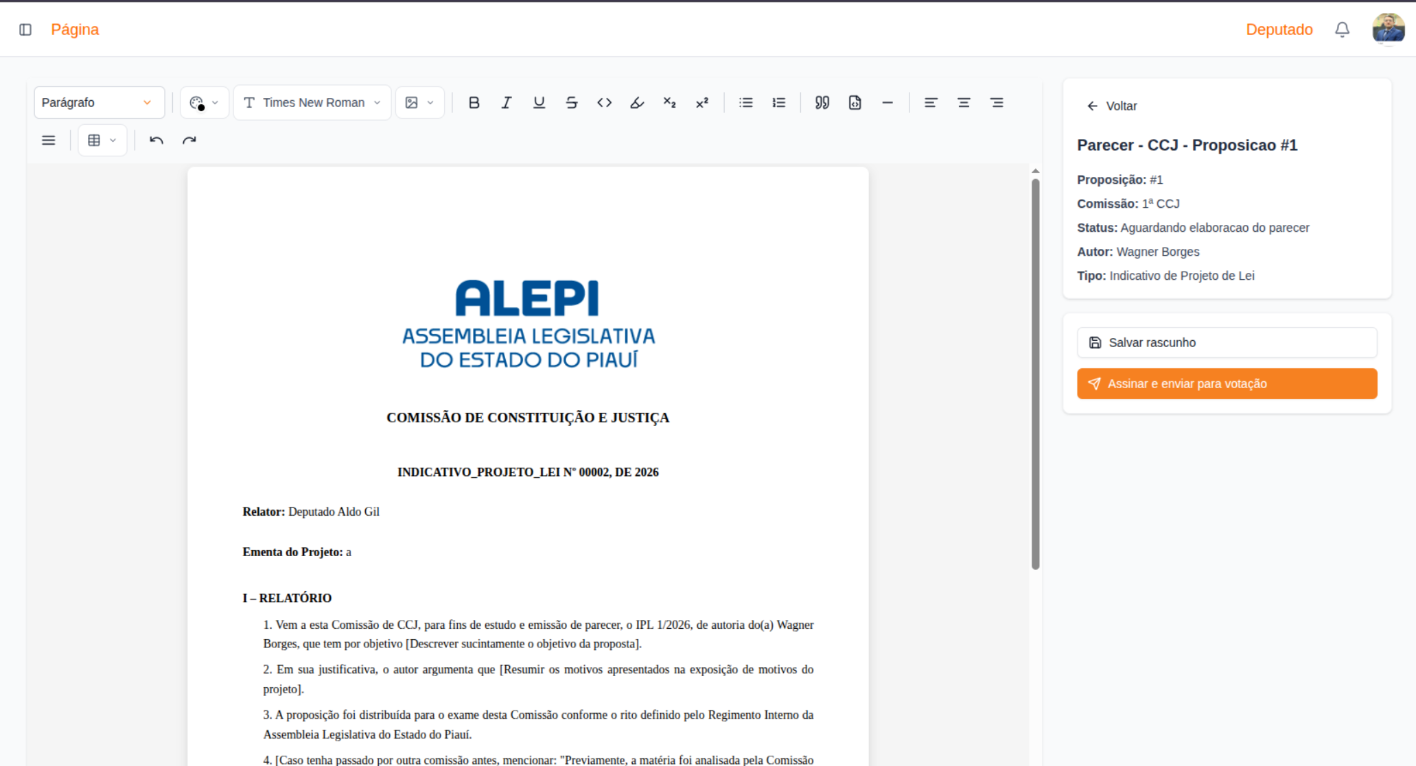 Tela de edição do parecer — editor e painel com Salvar rascunho e Assinar e enviar para votação
